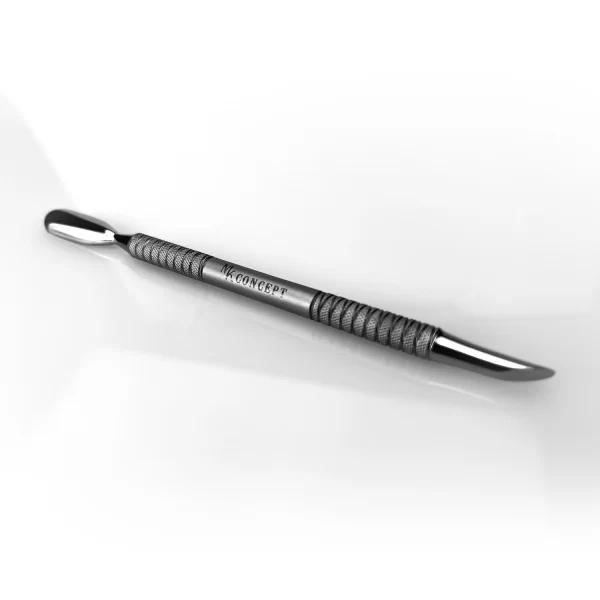 Stainless steel cuticle pusher tool with dual-ended design for nail care and grooming.