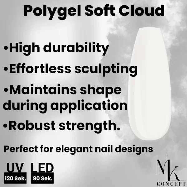 Polygel Soft Cloud 15g with a soft white finish, ideal for durable and effortless nail sculpting.